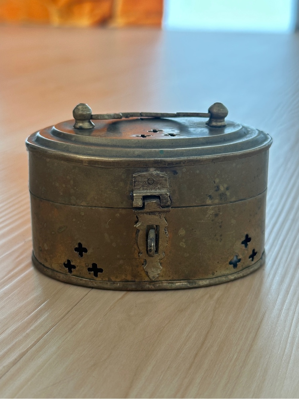 Antique Brass Oval Trinket Box with Handle